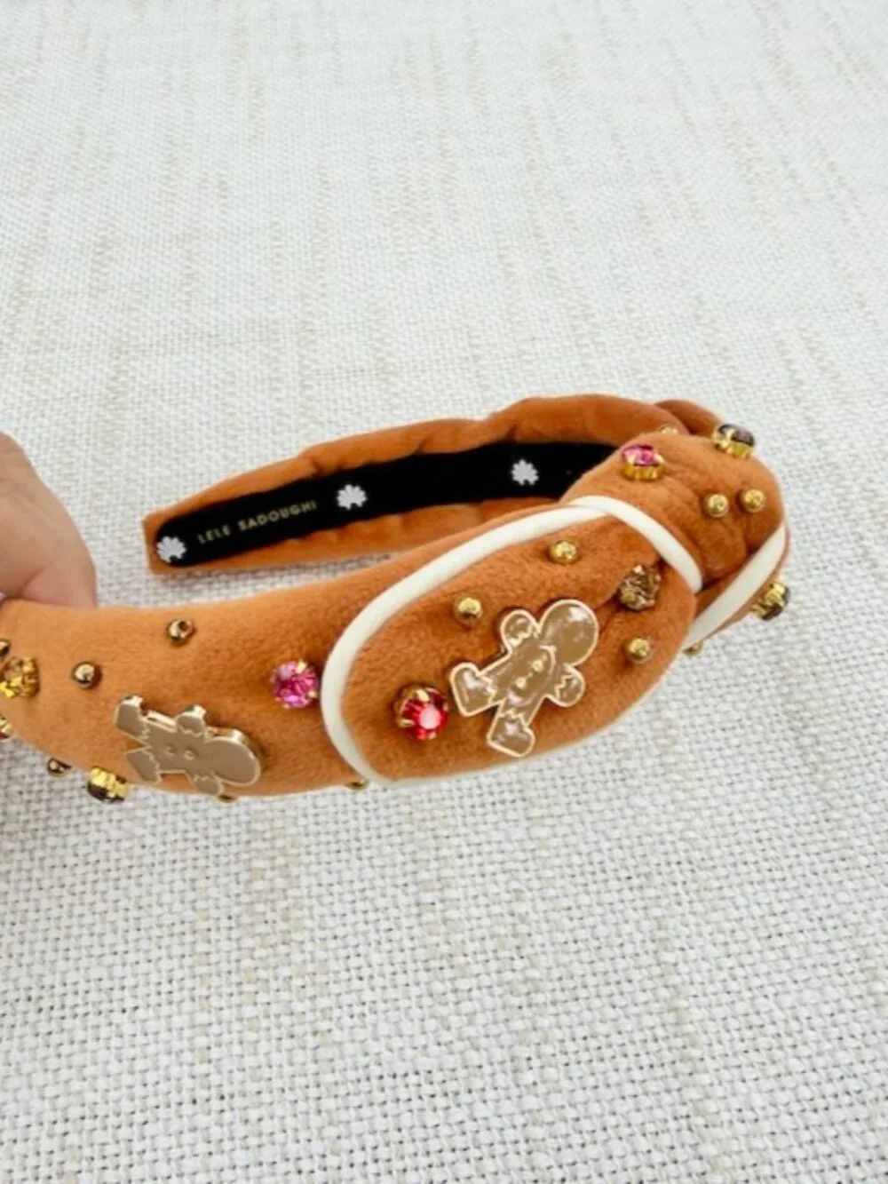 Lele Sadoughi Gingerbread Man Velvet Knot Headband Crystal Christmas EUC
